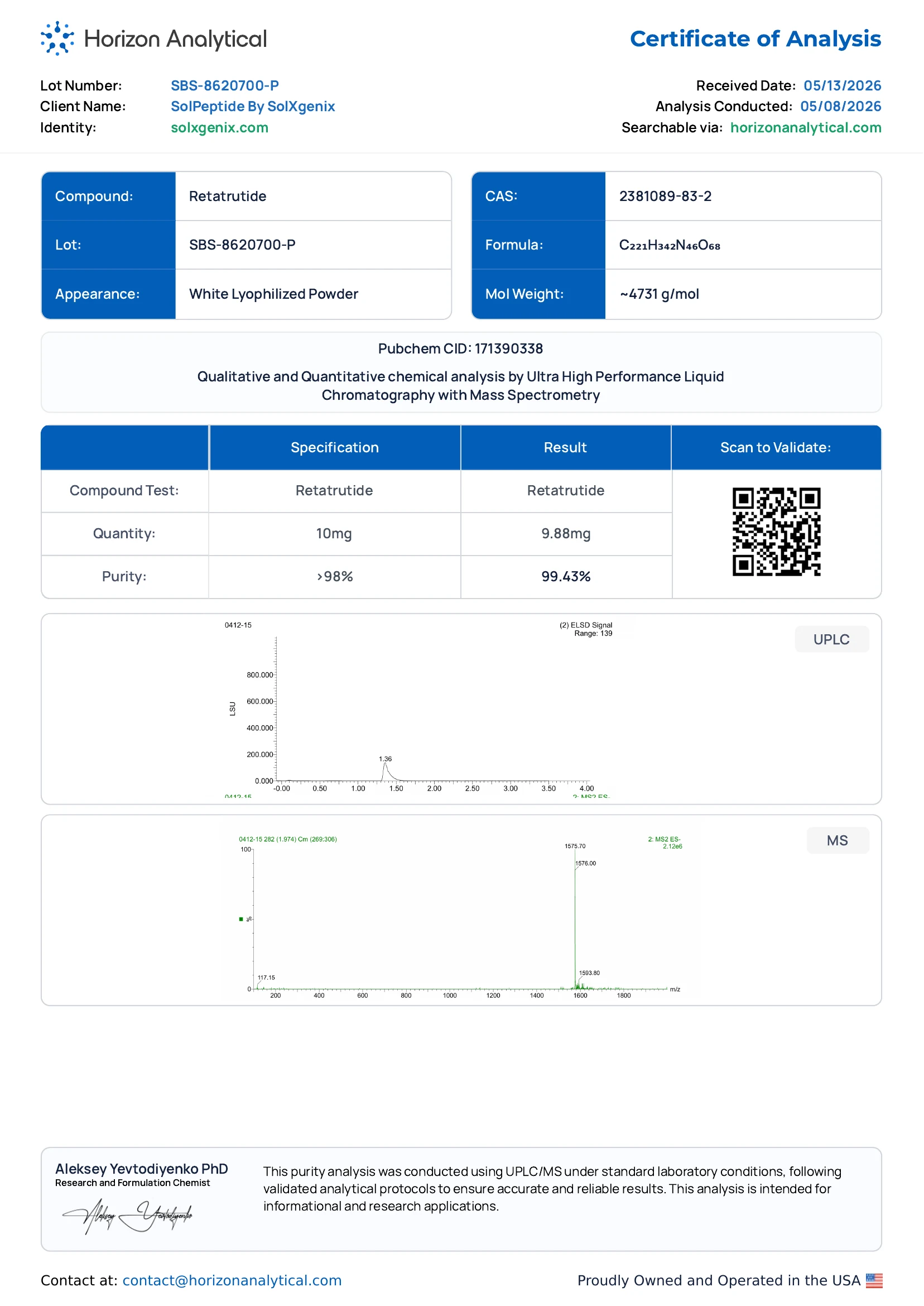 תעודת אנליזה — בדיקת טוהר של Retatrutide בשיטת UPLC/MS, טוהר 99.43%